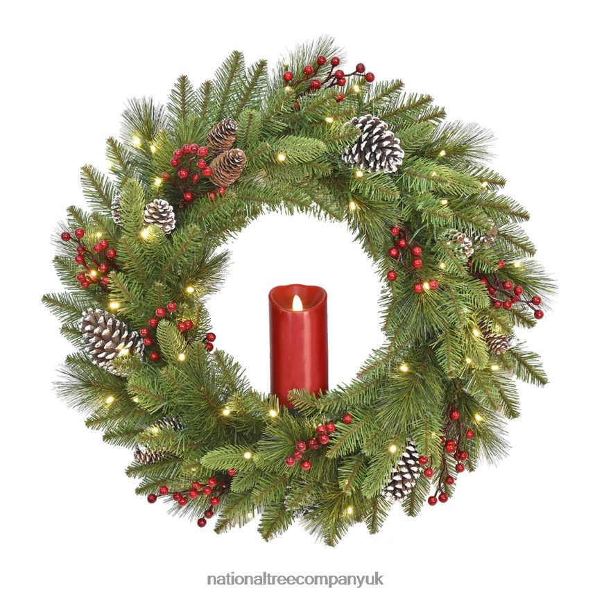 Greenery | National Tree Company Pre-Lit Artificial Christmas Wreath Green Bristle Berry Pine White Lights Decorated with Frosted Branches Pine Cones Berry Clusters Christmas Collection 24 Inc
